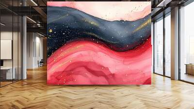 Abstract Art Background with Pink and Black Swirls and Gold Glitter. Wall mural