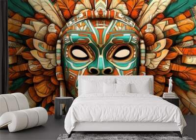 Ancient Mayan Mask with Feathers. Wall mural