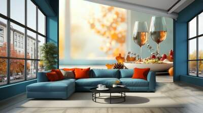 Autumnal Table Setting with Wine, Food and Fall Decor. Wall mural