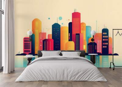 Colorful City Skyline with Reflections. Wall mural