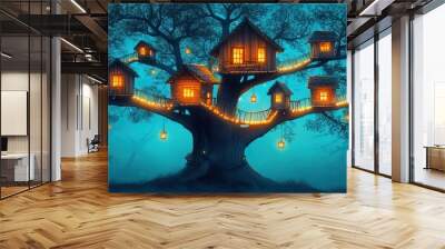 Enchanting Treehouse Village at Night. Wall mural