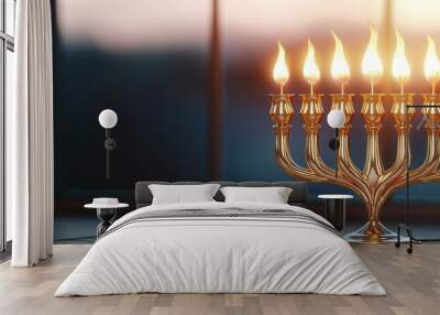 Golden Menorah with Burning Candles. Wall mural