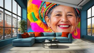 Happy Senior Woman in Traditional Colorful Headscarf. Wall mural