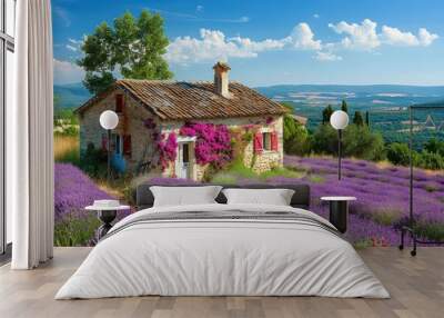 Lavender Field with Stone Cottage. Wall mural