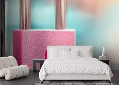 Pink Padlock with Chain on Blue Background. Wall mural