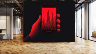 Red Smartphone in Hand with Abstract Lines. Wall mural