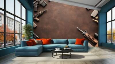 Rifles and Ammunition on Brown Background. Wall mural