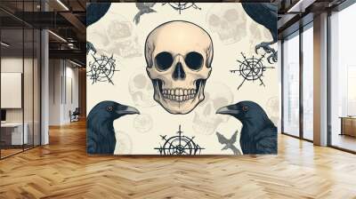 Skulls and Ravens Seamless Pattern. Wall mural