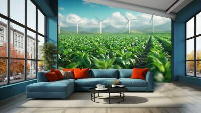 Wind Turbine Farm Overlooking Green Field. Wall mural