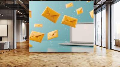 Yellow Envelopes Flying Towards Laptop. Wall mural