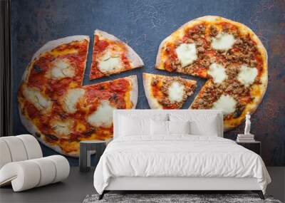 Homemade pizza, With mozzarella, tomatoes and meat, Dark background Wall mural