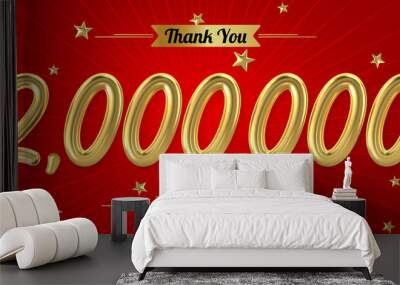 3d golden 2 million with star and red background. 3d illustration. Wall mural