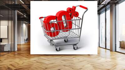 Shopping cart with 60% discount. 60 percent discount in shopping cart. Sale concept. 3D render illustration isolated on white background. Wall mural