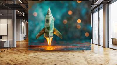 Capture the excitement of a money rocket launch against an office backdrop, symbolizing a successful start and new projects. Wall mural