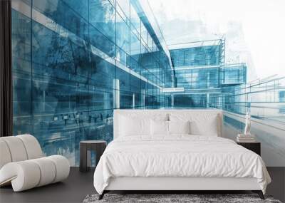 Healthcare facility blueprinting with white background, blue vertical paint stroke, textured, futuristic design. Wall mural