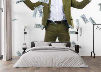 Businessman, money rain and financial freedom for winning bonus isolated on a transparent PNG background. Happy asian man or employee with falling cash for finance loan, savings or investment growth Wall mural