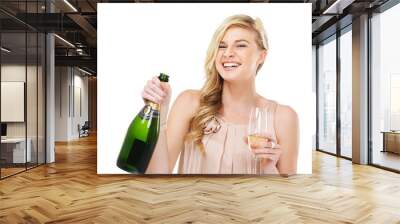 Isolated woman, champagne bottle and glass in portrait with excited smile by transparent png background. Girl, sparkling wine and drink for toast, party or celebration with luxury, event or success Wall mural