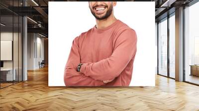 Laugh, portrait of man with arms crossed and isolated on transparent png background, confidence with proud happiness. Relax, casual fashion and happy face of confident male model in Mexico with smile Wall mural