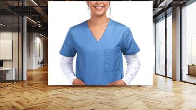 Medical, professional and portrait of a happy female doctor, nurse or surgeon in scrubs. Confidence, smile and face of a young Mexican woman healthcare worker isolated by transparent png background Wall mural