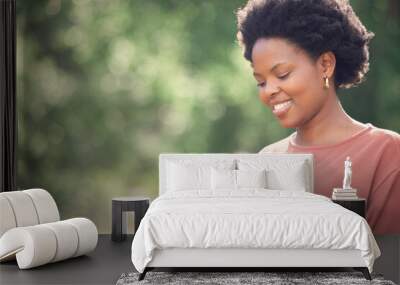 outdoor, smile and black woman with smartphone, typing and social media with internet, connection an Wall mural