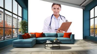 Woman, doctor and clipboard, health insurance paperwork and medical info with portrait on png transparent background. Female person in medicine, writing and document for healthcare and test results Wall mural