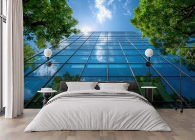 Modern architecture glass building with green plants under a blue sky. Highlights eco-friendly, green energy concepts. Low-angle, cinematic photography ideal for business and environmental themes. Wall mural