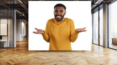 Confused, doubt and portrait of man with dont know, gesture on isolated, png and transparent background. Why, questions and face of unsure person with hand gesture for oops, mistake and decision Wall mural