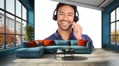 Consultant man, call center and headphones for communication, customer support and e commerce service. Portrait of Asian agent for business FAQ and contact us isolated on transparent, png background Wall mural