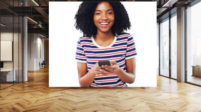 Happy black woman, portrait and phone in social media or communication isolated on a transparent PNG background. Face of African female person smile on mobile smartphone in online chatting or texting Wall mural