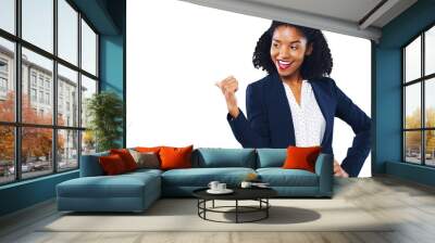 Happy woman, business and pointing in advertising or marketing isolated on a transparent PNG background. African female person or employee showing deal, promotion or special sale in notification Wall mural