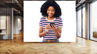 Happy woman, student and phone for social media, reading news or communication for opportunity. Young African person typing, scroll or search internet on mobile isolated on transparent PNG background Wall mural