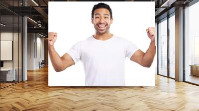 Isolated man, smile and portrait for fist celebration, success and goals by transparent png background. Asian person, model and winner with cheers, clothes and happy for giveaway prize in Indonesia Wall mural