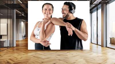 PNG studio shot of a sporty young man and woman posing together. Wall mural