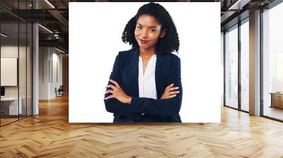 Portrait, business and a professional black woman arms crossed isolated on a transparent background for work. Smile, mission and happy with a confident young employee on PNG for her corporate career Wall mural