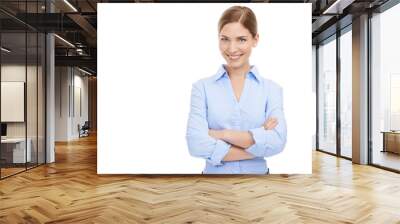 Portrait, confident and arms crossed with a woman employee isolated on a transparent background. Mindset, vision or professional and an attractive young business female standing on PNG with a mission Wall mural