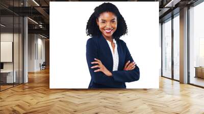 Portrait, happy and a corporate black woman arms crossed isolated on a transparent background for work. Business, mission and smile with a confident young employee on PNG for her professional career Wall mural