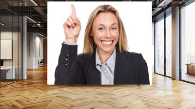 Portrait, smile and business woman point at corporate offer, announcement and company advertising info. Service presentation, sales news and professional agent isolated on transparent, png background Wall mural