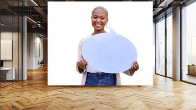 Portrait of black woman, speech bubble or feedback space for opinion on transparent png background. African person, smile or billboard poster for social media, vote or review for mockup announcement Wall mural