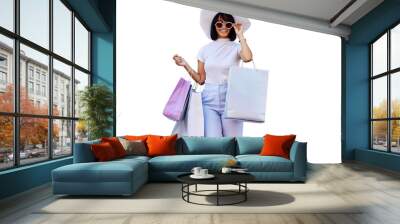 Retail, shopping and woman with hat, bags and style for transparent, isolated and background for fashion for sales. Sunglasses, happy and designer female store png for luxury, smile or discount Wall mural