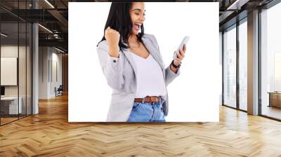 Woman, cellphone and celebration winner fist or competition victory, good news or isolated on transparent png background. Female person, digital device and happy message, wow excited for discount Wall mural