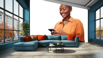 Woman, cellphone and texting for social media communication or search, meme or laugh. Black person, smartphone and isolated transparent png background or online notification, network or conversation Wall mural