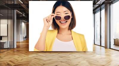 Woman, fashion sunglasses and wink in portrait, happiness with smile isolated on png transparent background. Summer, Asian model flirting with stylish eyewear and gen z with positive attitude Wall mural