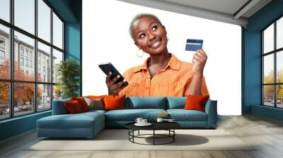 Woman, phone and thinking or credit card with ecommerce for online shopping, payment or fintech with smile. Black person, customer and internet banking for sale isolated on png transparent background Wall mural