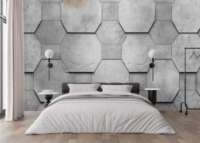 Abstract seamless white grey gray bright concrete cement stone tile wall made of hexagonal geometric hexagon print texture background banner panorama, Generative AI Wall mural