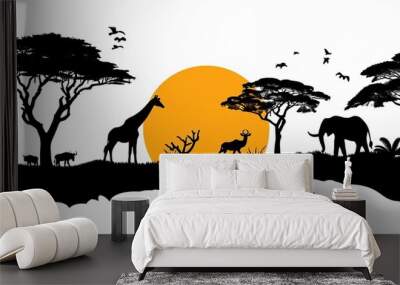 Africa Safari Savanna landscape background for logo. Black silhouette of wild animals, trees and sun isolated on white background. Generative AI Wall mural