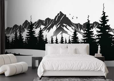 Black silhouette of mountains and forest fir trees camping landscape panorama illustration icon  for logo, isolated on white background, Generative AI Wall mural