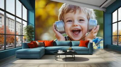 happy boy play in the tin can phone, Generative AI Wall mural