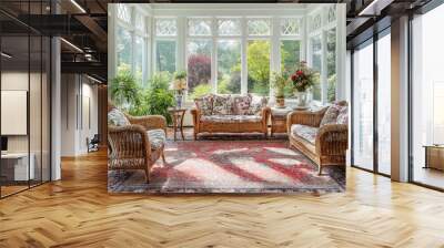 A bright Colonial sunroom with wicker furniture, floral cushions, and a large rug Wall mural