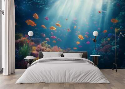 A serene underwater scene featuring a school of colorful fish swimming through a coral reef Wall mural