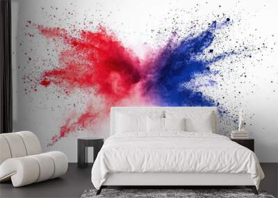 Vibrant explosion of France flag colors—blue, white, and red—against a white background. Perfect for backgrounds, wallpapers, and patriotic themes with ample empty space. Wall mural